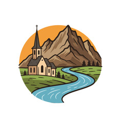 Church in the Mountains with River Landscape