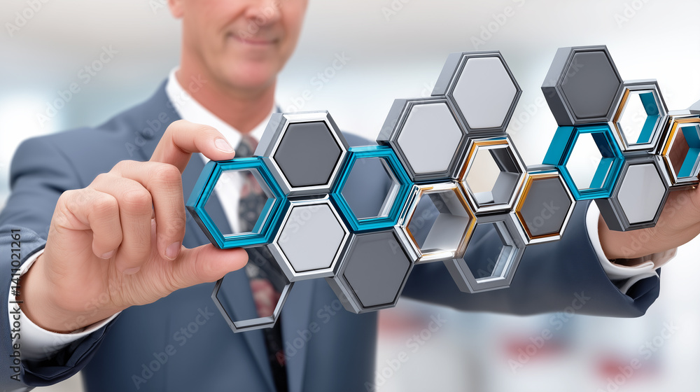 Aufkleber businessman holding and assembling a structure of interconnected hexagonal units.
