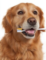 Golden Retriever Holding Toothbrush in Mouth Photo - Pet Dental Care, Dog Hygiene, White Background