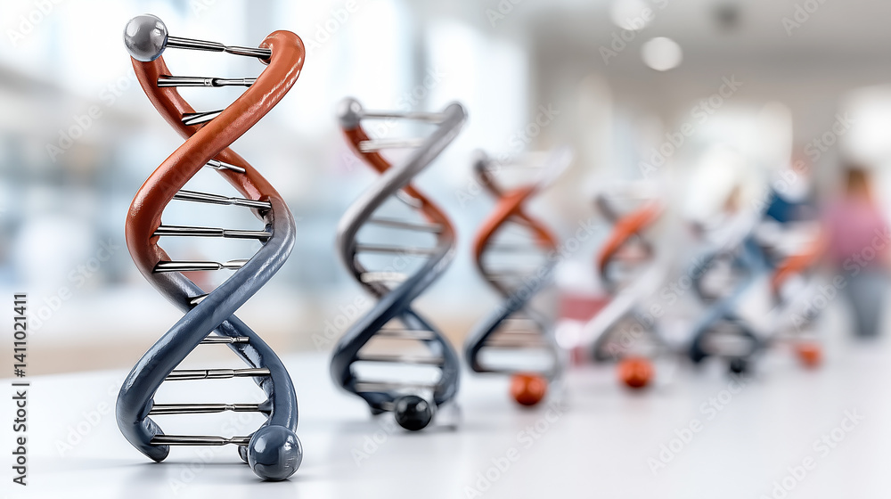 Poster row of dna double helix models in a laboratory setting representing genetic research.