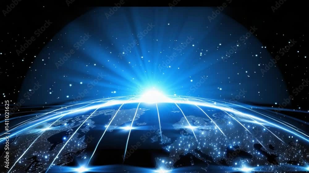 Poster digital globe stunning view of earth from space with glowing blue atmosphere, rays of light, and net