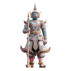 Photograph of a Traditional Thai Giant Statue (Yak) Holding a Staff Against White Background - Mythology, Asian Culture, Travel, Sculpture