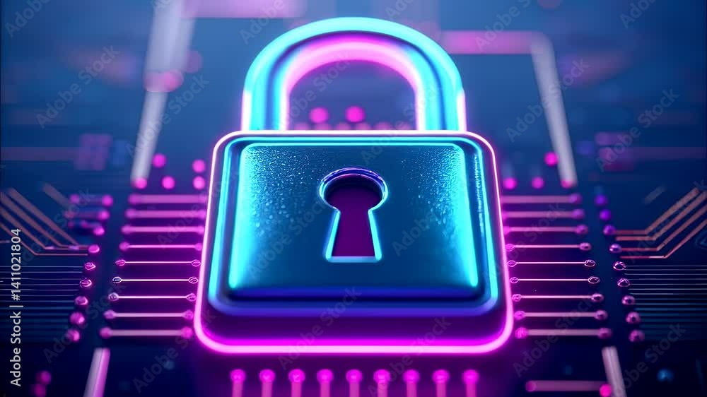 Poster glowing neon padlock on circuit board symbolizes cybersecurity and data protection in futuristic des
