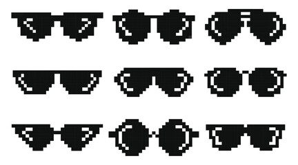 black pixelated sunglasses cartoon 8bit icon collection set. sunglasses clip art 8 bit on white background