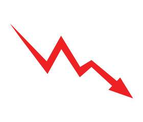 Red arrow icon with down arrow chart symbol isolated on white background