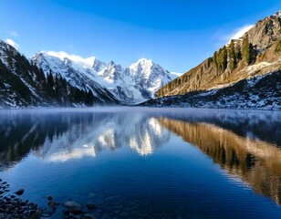 lake reflecting jagged snow-covered peaks with drifting 