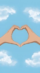 Obraz premium Two hands form a heart shape against a backdrop of a beautiful blue sky filled with fluffy white clouds in the atmosphere.