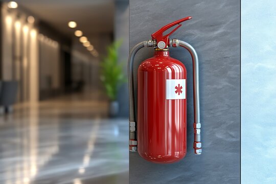 A red fire extinguisher with a medical cross symbol hangs on a gray wall in a modern office hallway Its sleek design suggests safety and preparedness Use for safety or medical related content