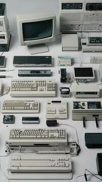 Collection of vintage computer components: keyboards, monitor, disk drives, showcasing outdated technology and retro computing aesthetics