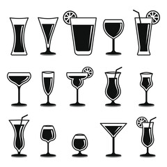 Set of different wine glass silhouette icons. Wine glass icons Isolated on white background.clip art of alcoholic drink glass collection