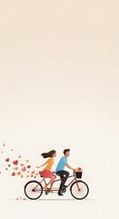 Obraz premium Can you see a young couple riding a tandem bicycle with hearts floating around them, in a romantic setting? Portrait format.