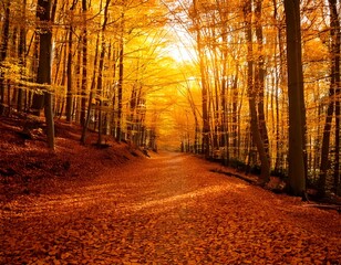 forest path covered in golden leaves, soft sunlight filtering 