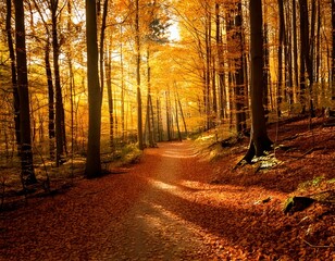 Obraz premium forest path covered in golden leaves, soft sunlight filtering 