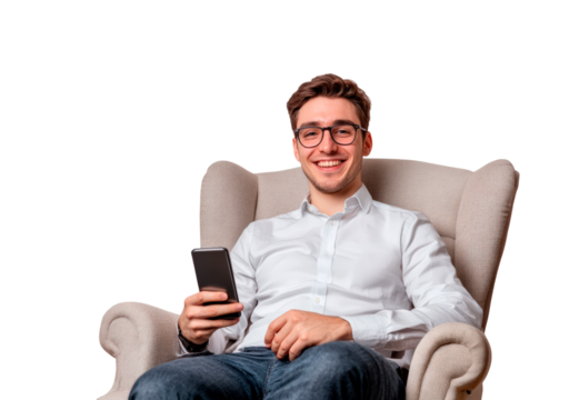 Smiling businessman sitting in armchair using a smartphone transparent background