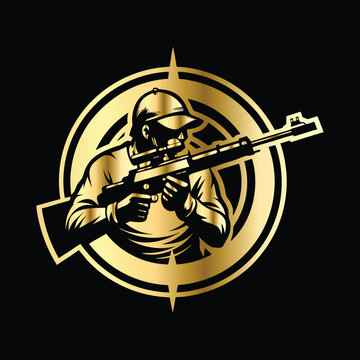 Army Logo Design Set &ndash; Combat Emblems of Military Specialists, Artillery Units, Snipers & Infantry Patrols with Weapons Like Rocket Launchers, Rifles & Machine Guns for Badges.
