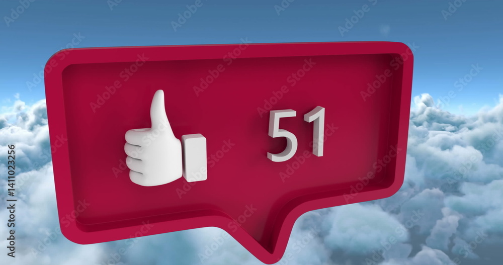 Poster image of speech bubble with numbers and like icon over clouds