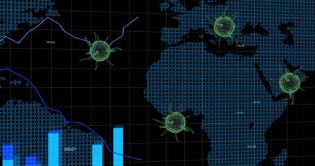 Image of covid 19 cell flying over world map