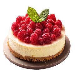 Delicious Raspberry Cheesecake with Fresh Mint Garnish on a Round Plate on transparent background