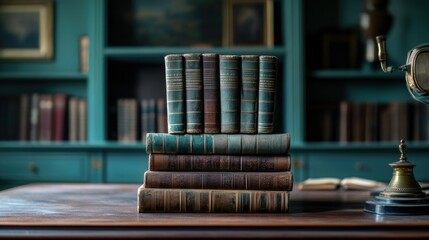 Several antique books stacked neatly on top of a desk