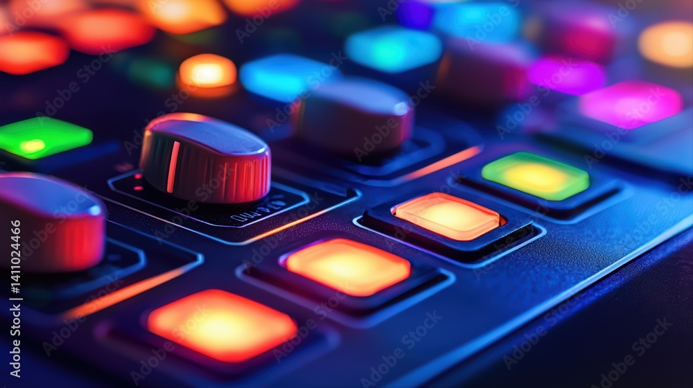 Poster Colorful control panel with buttons and knobs in focus