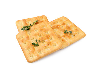 Tasty salty crackers with thyme isolated on white