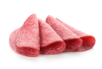 Slices of tasty smoked sausage isolated on white