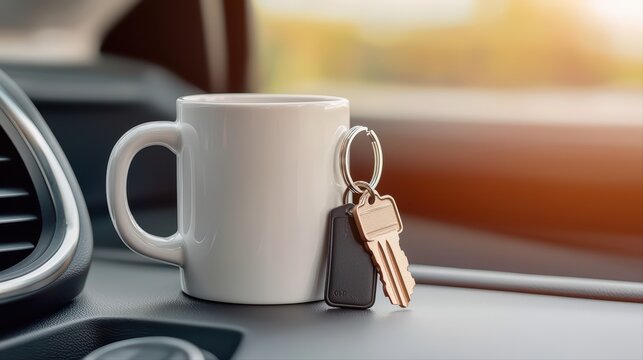 Coffee cup next to car keys on dashboard of vehicle - Powered by Adobe