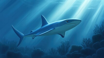 Fototapeta premium A blue shark gliding near the reef in clear waters with rays of sunlight highlighting coral textures