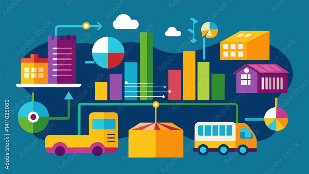 Poster a supply chain data visualization illustrated through a colorful chart that updates in realtime to r