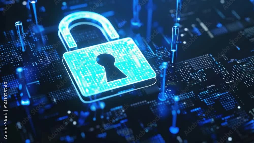 Poster digital padlock symbolizing cybersecurity and data protection, surrounded by network of glowing blue