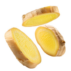 Fototapeta premium Fresh Ginger Root Slices on White Background for Culinary Use and Health Benefits on transparent background