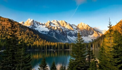 Explore the scenic mountain lake landscape with snow capped peaks and lush green forest views today