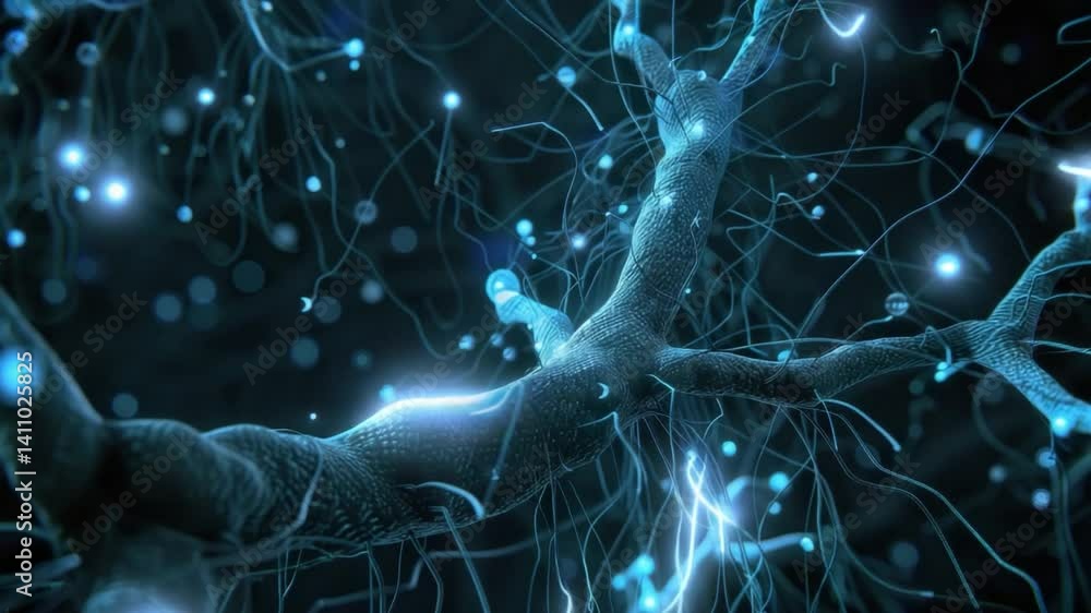 Poster exploring complexity of biology glowing blue neurons and synapses in neural networks, showcasing int