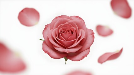A realistic floating rose as the main focus, surrounded by a few drifting rose petals with a soft blur effect. Clean white background with ample white space for a minimal, elegant composition.
