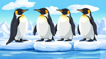 Obraz premium Close group of penguins standing on blue-white icebergs floating in Antarctic waters
