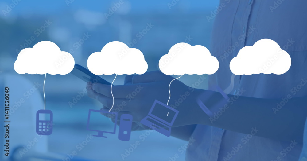 Aufkleber image of digital clouds with icons over man using smartphone