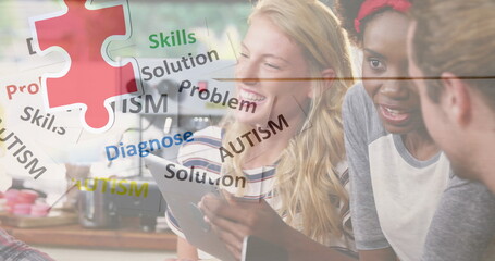 Image of colourful puzzle pieces and autism text over business people using digital devices