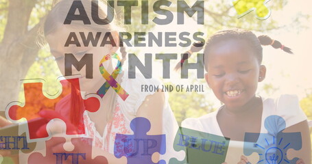 Image of colourful puzzle pieces and autism text over girls using tablets