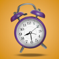 Purple alarm clock ringing and jumping on dark orange background