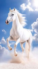Obraz premium White Horse Running in a Dusty Field Under a Bright Blue Sky