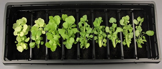 Seedlings in Black Tray: Young Plants Growing in Seed Starter Cells