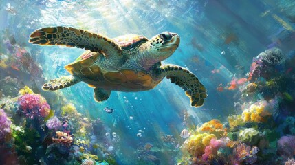 Obraz premium Green sea turtle hovering above coral reef in sunlit underwater seascape