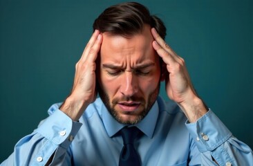 A tense man holding his head, feeling depressed and anxious. The man is experiencing mental health issues, anxiety, frustration and emotional stress. Headache.