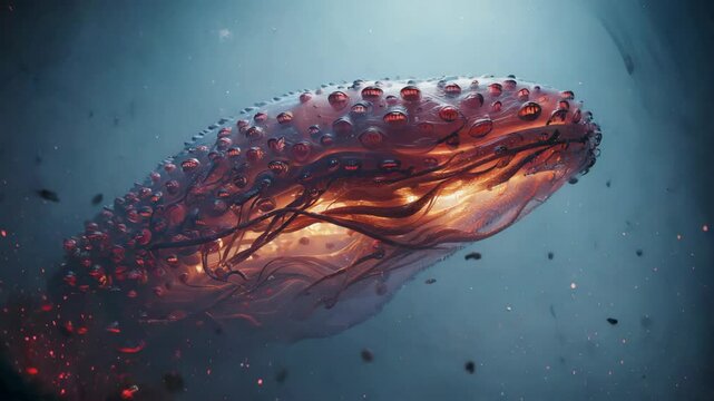 Abstract biological form with translucent membrane, red nodules and organic filaments floating in dimly lit fluid environment