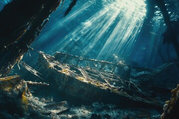 Obraz premium Sunbeams pierce underwater wreck