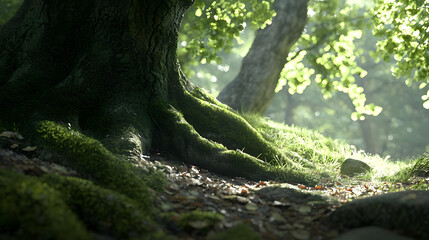 Sunlight Dappled Forest Floor With Moss And Roots