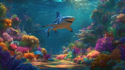 Fototapeta premium Shark above reef with golden light illuminating coral in a tranquil underwater paradise