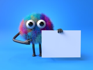 Fluffy, cute monster holds a blank sign, symbolizes information and advertising display. 3D rendering, conceptual image. Isolated on white background.
