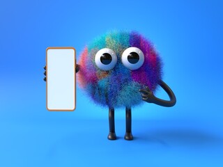 Fluffy, cute monster presents a phone, symbolizing digital interaction. 3D rendering, conceptual image. Isolated on white background.