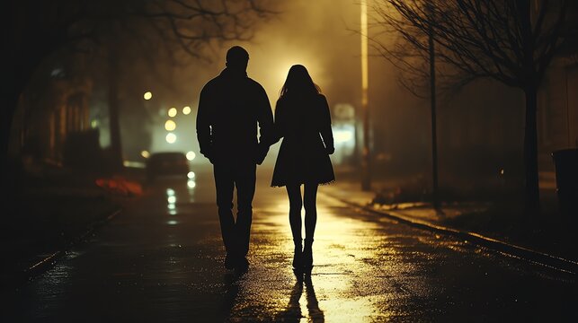 Silhouetted couple holding hands strolls down a rain-slicked city street at night under soft streetlights  Perfect for romance and city life themes - Powered by Adobe
